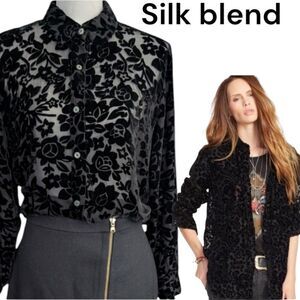 Black burnout velvet floral silk blend shirt blouse size L